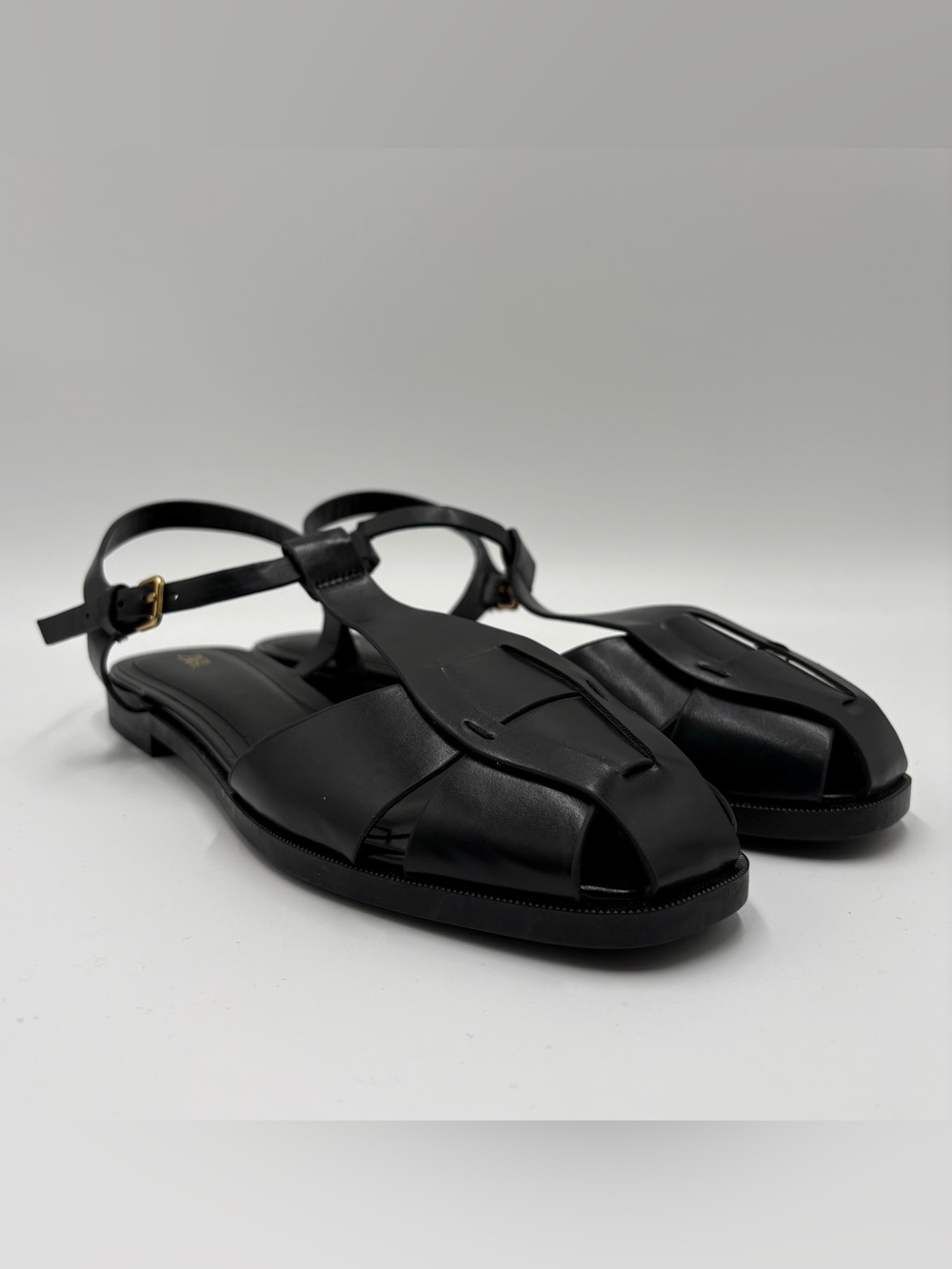 Zara Black Leather T-Strap Flat Sandals